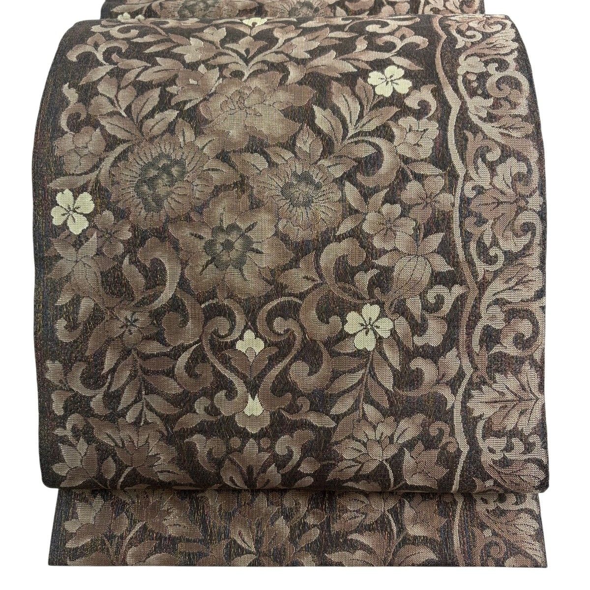 【美品】 袋帯 名品 本袋風通 全通 草花 花唐草 金糸 焦茶色 全通 正絹 【中古】