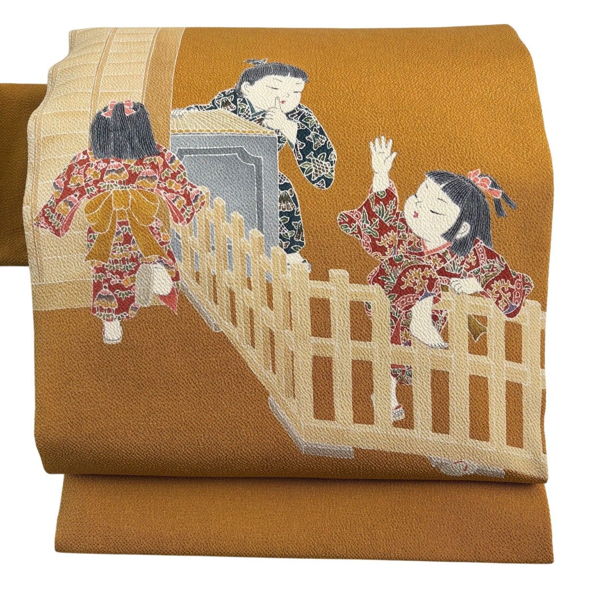 【美品】 名古屋帯 名品 関口遼一 落款 童 柵 縮緬 オレンジ 正絹 【中古】