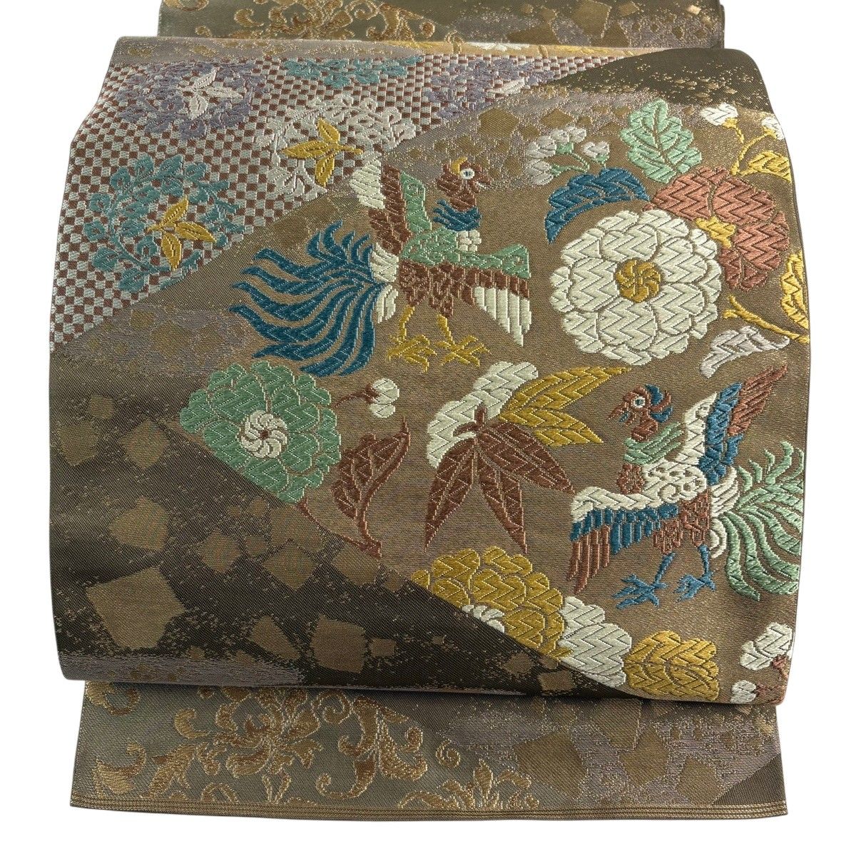 【美品】 袋帯 名品 川島織物 落款 証紙 関西仕立て 鳥 草花 唐織 金糸 灰茶 六通 正絹 【中古】 11,692円