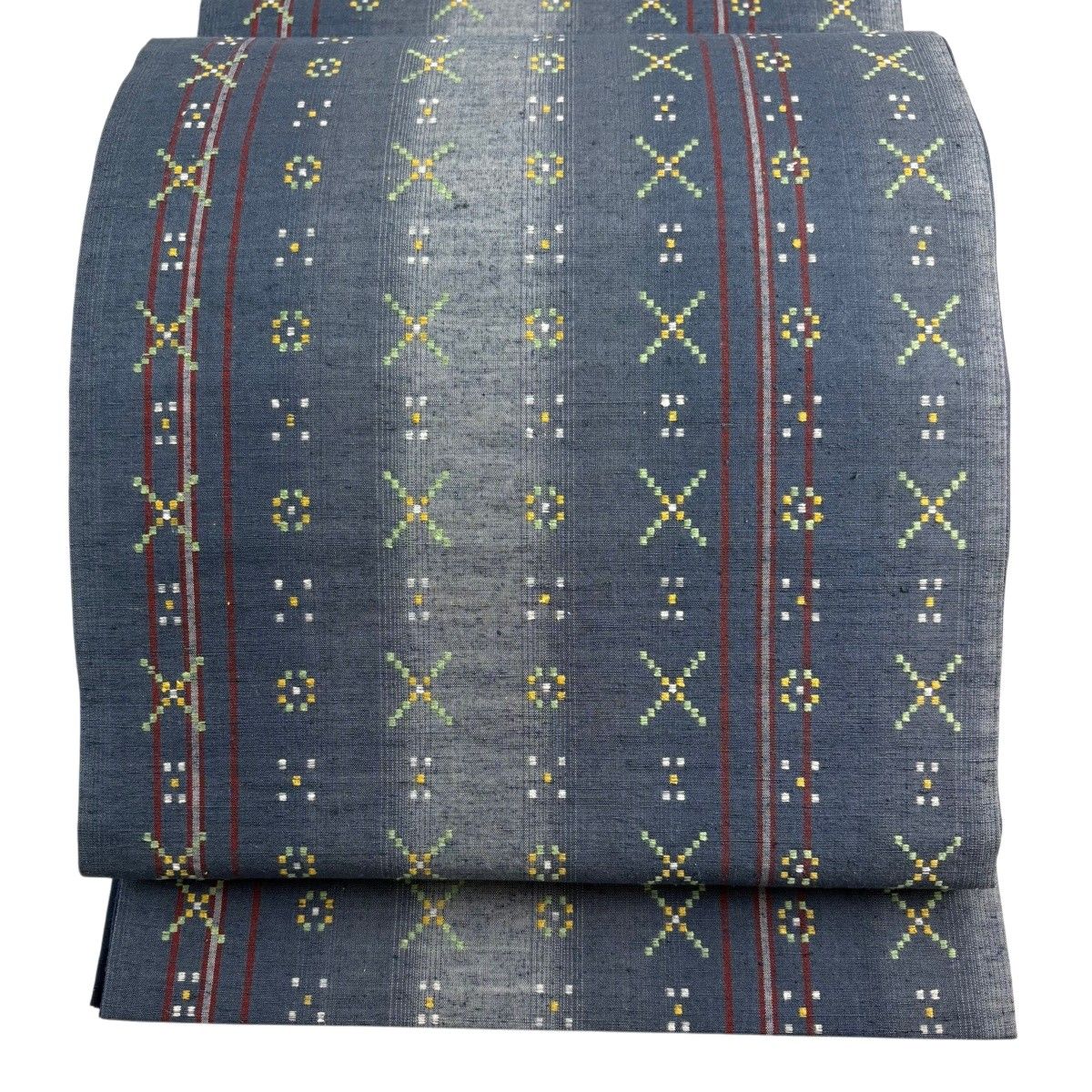 【美品】 袋帯 名品 花々織 紬地 縞 幾何学 青灰色 全通 正絹 【中古】