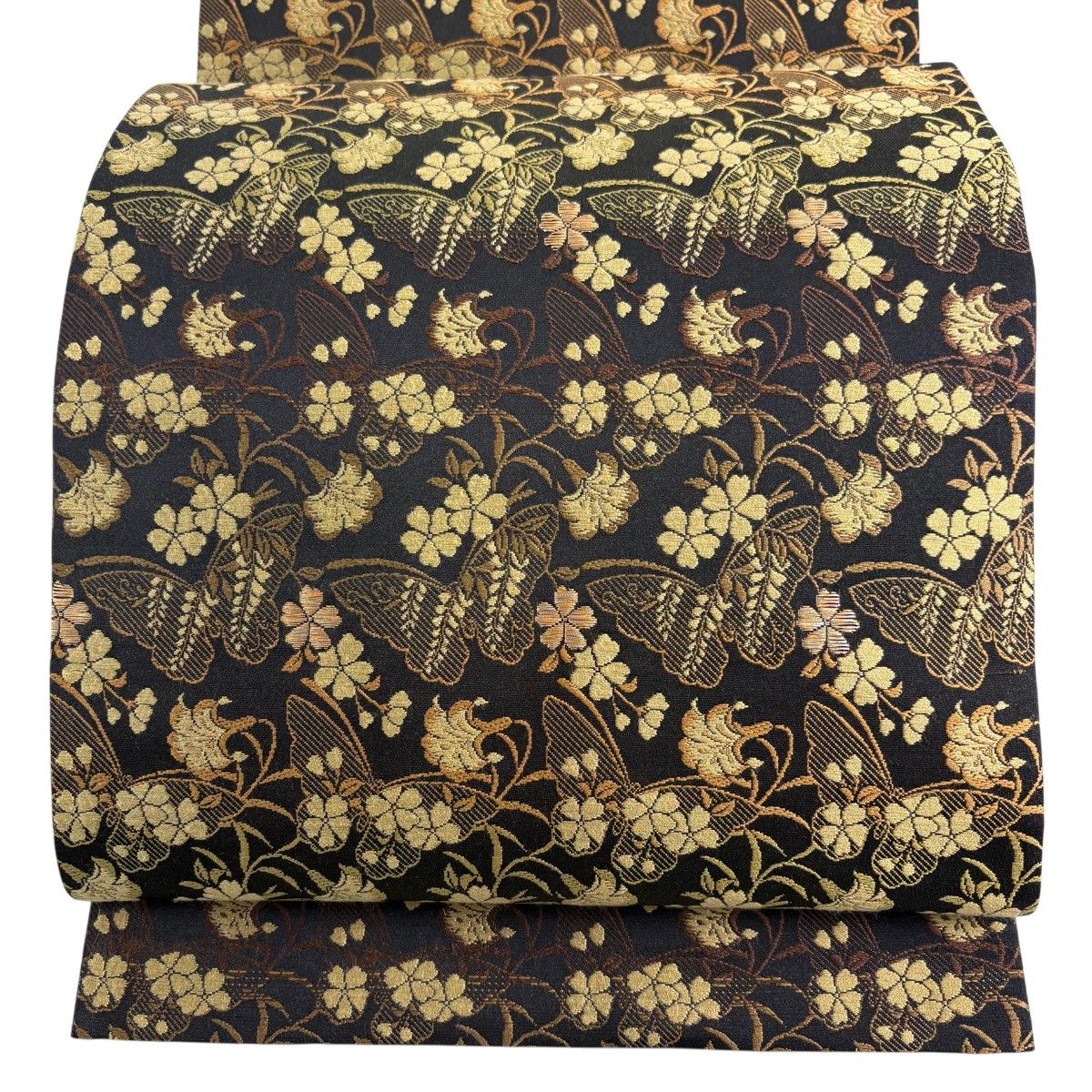 【美品】 袋帯 名品 蝶 桜 金糸 黒 六通 正絹 【中古】