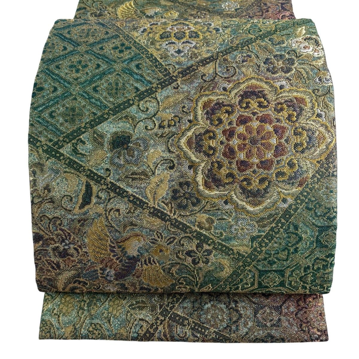 【美品】 袋帯 名品 華文 花鳥 金銀糸 箔 緑 六通 正絹 【中古】