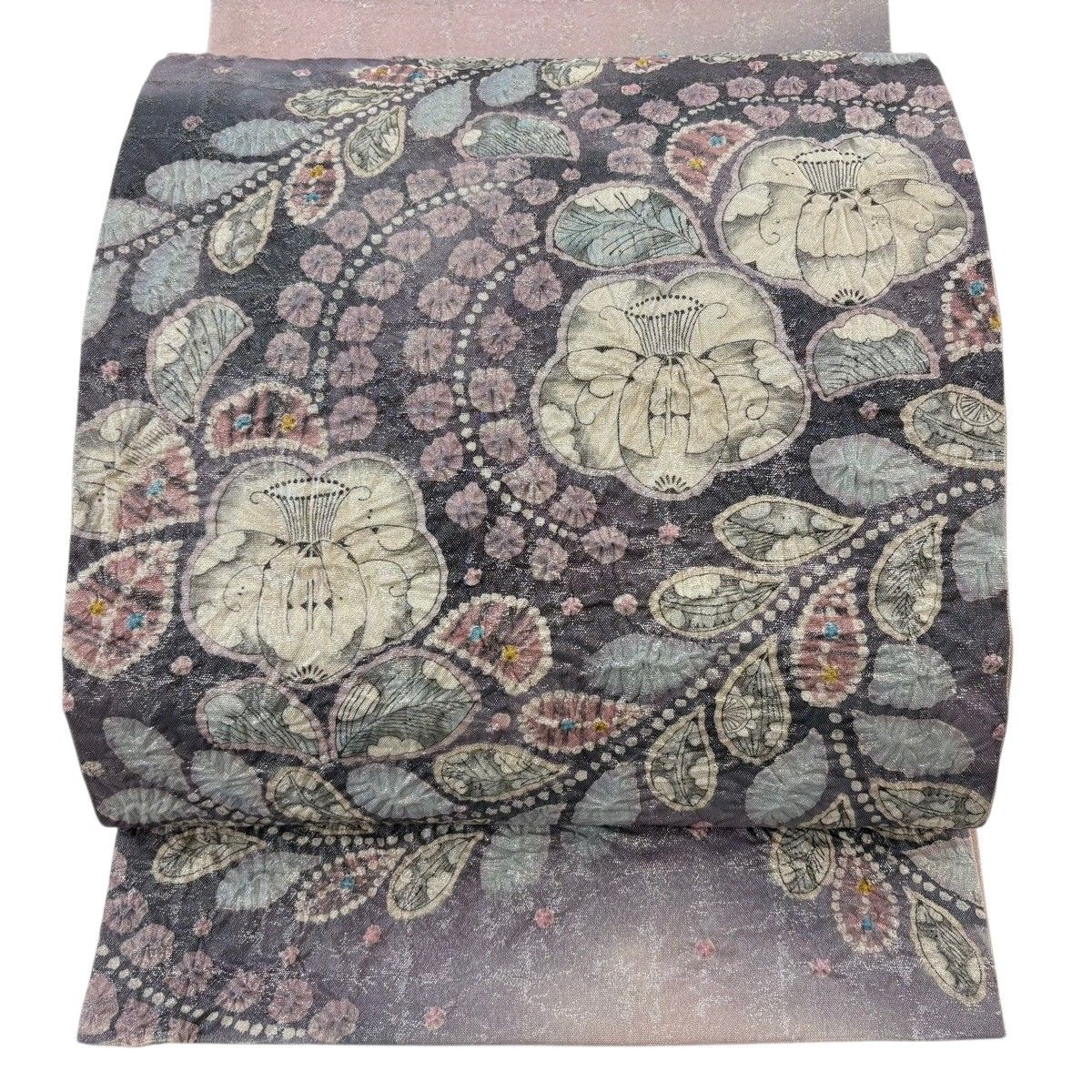 【美品】 袋帯 名品 辻が花柄 絞り 箔 灰紫 お太鼓柄 正絹 【中古】