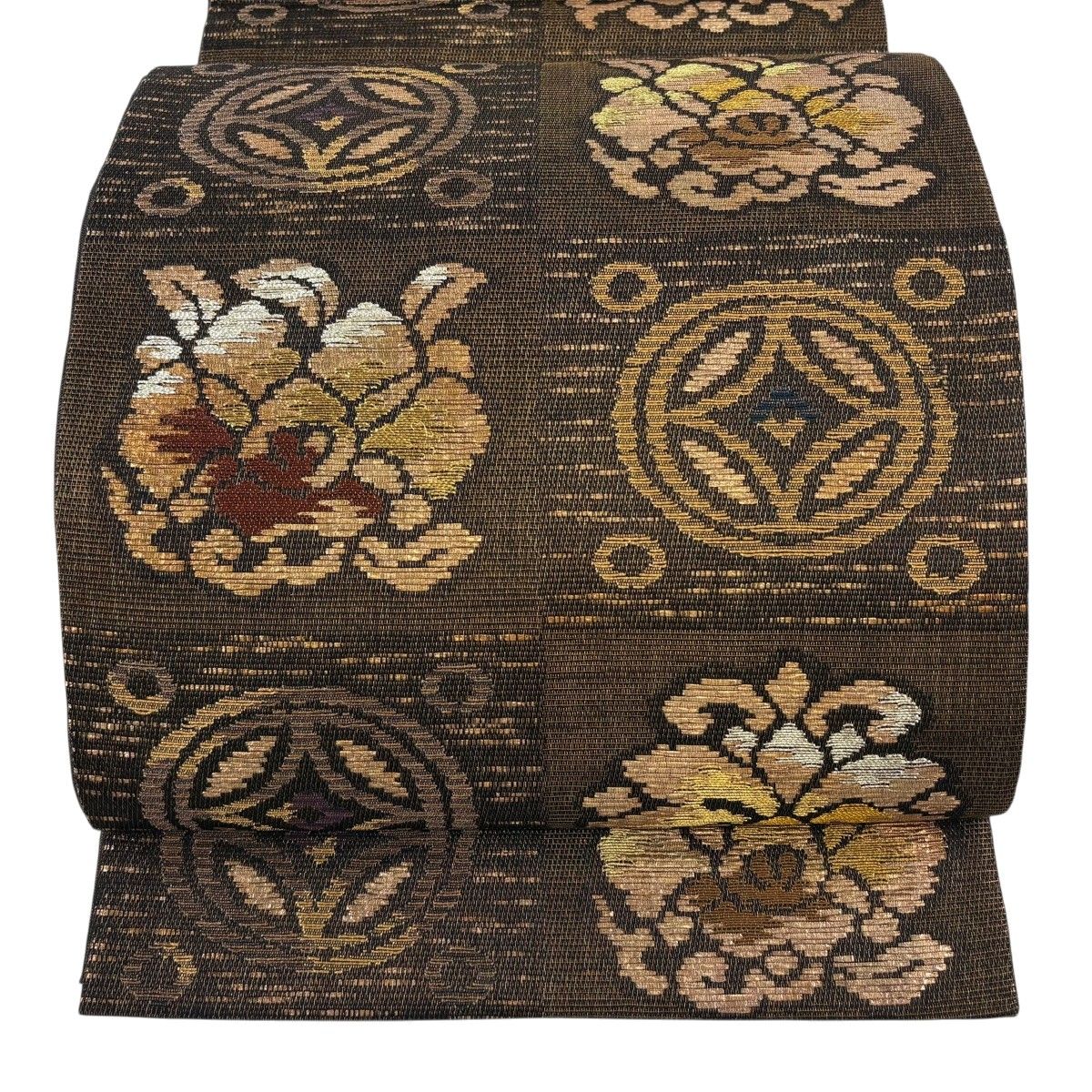【美品】 袋帯 名品 七宝 草花 箔 金糸 茶色 六通 正絹 【中古】 11,376円