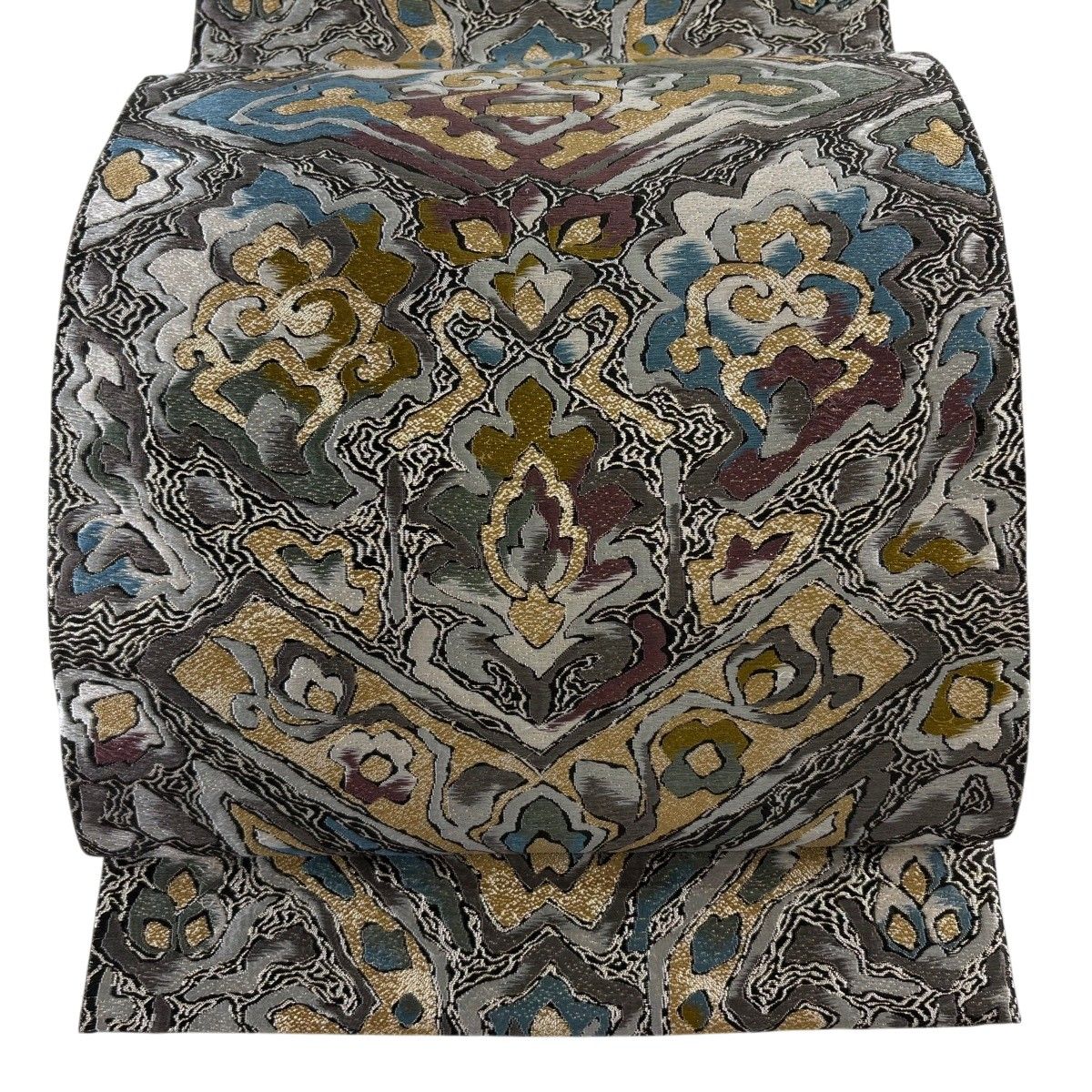 袋帯 名品 草花 幾何学模様 箔 灰茶 六通 正絹 【中古】