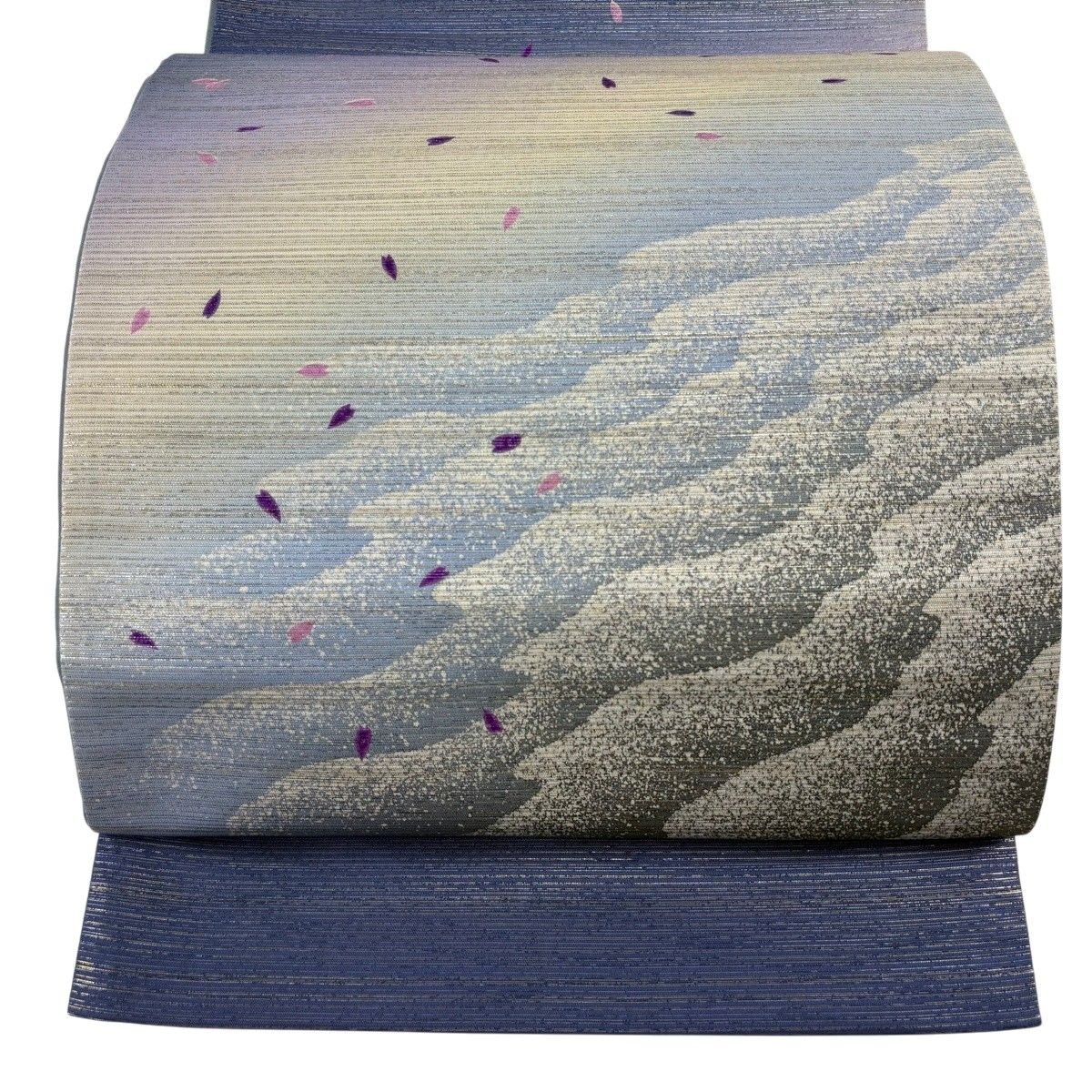【美品】 袋帯 名品 山本唯与志 落款 桜の花びら 霞 箔 青 お太鼓柄 正絹 【中古】