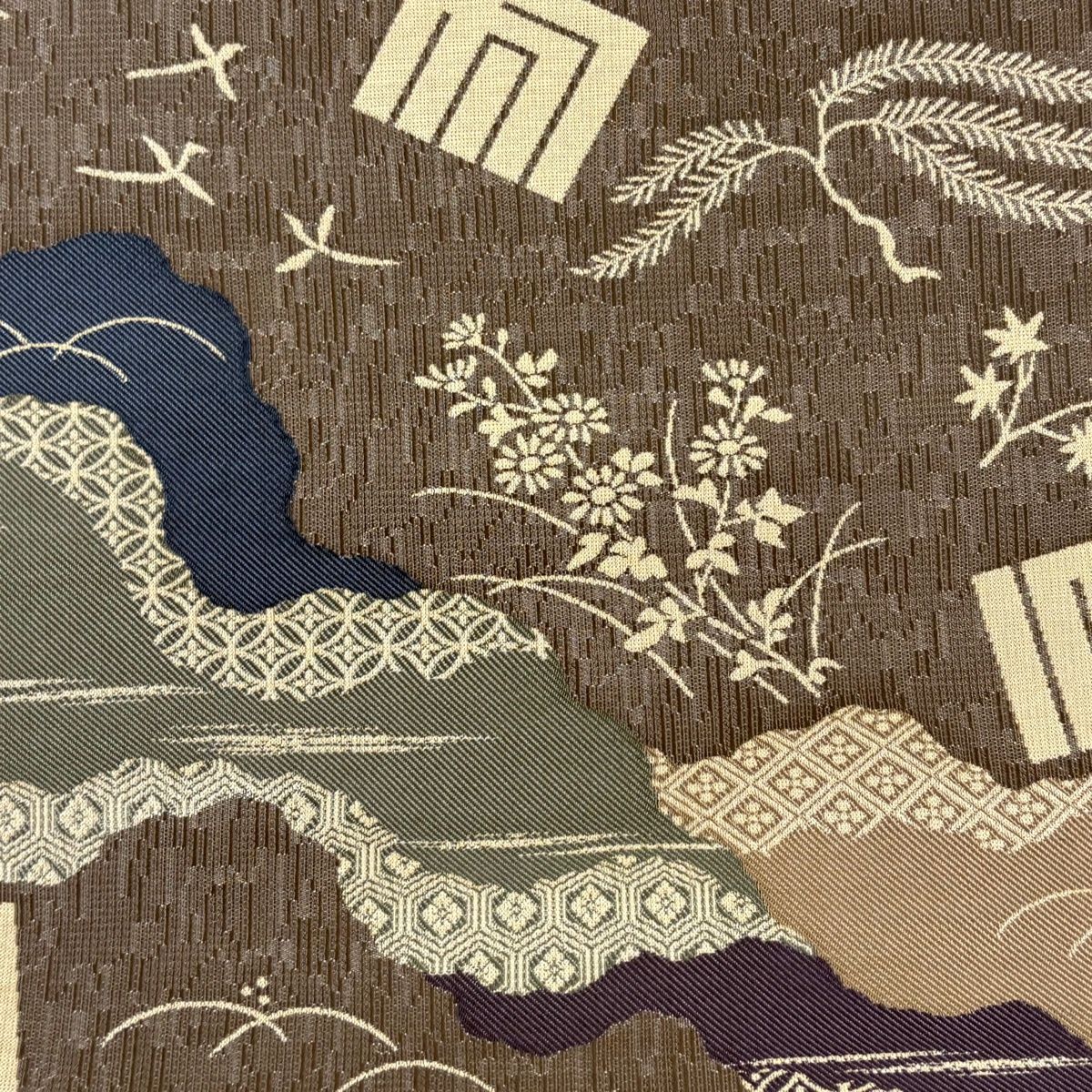 【美品】 袋帯 名品 源氏香 有職文様 金糸 灰茶 六通 正絹 【中古】
