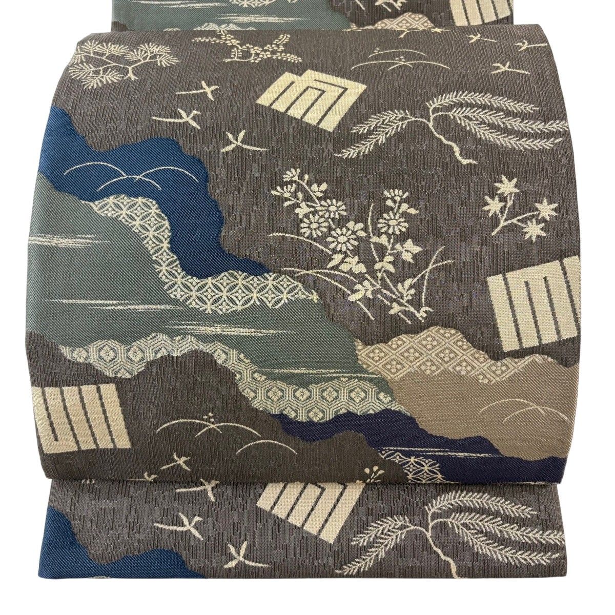 【美品】 袋帯 名品 源氏香 有職文様 金糸 灰茶 六通 正絹 【中古】袋帯