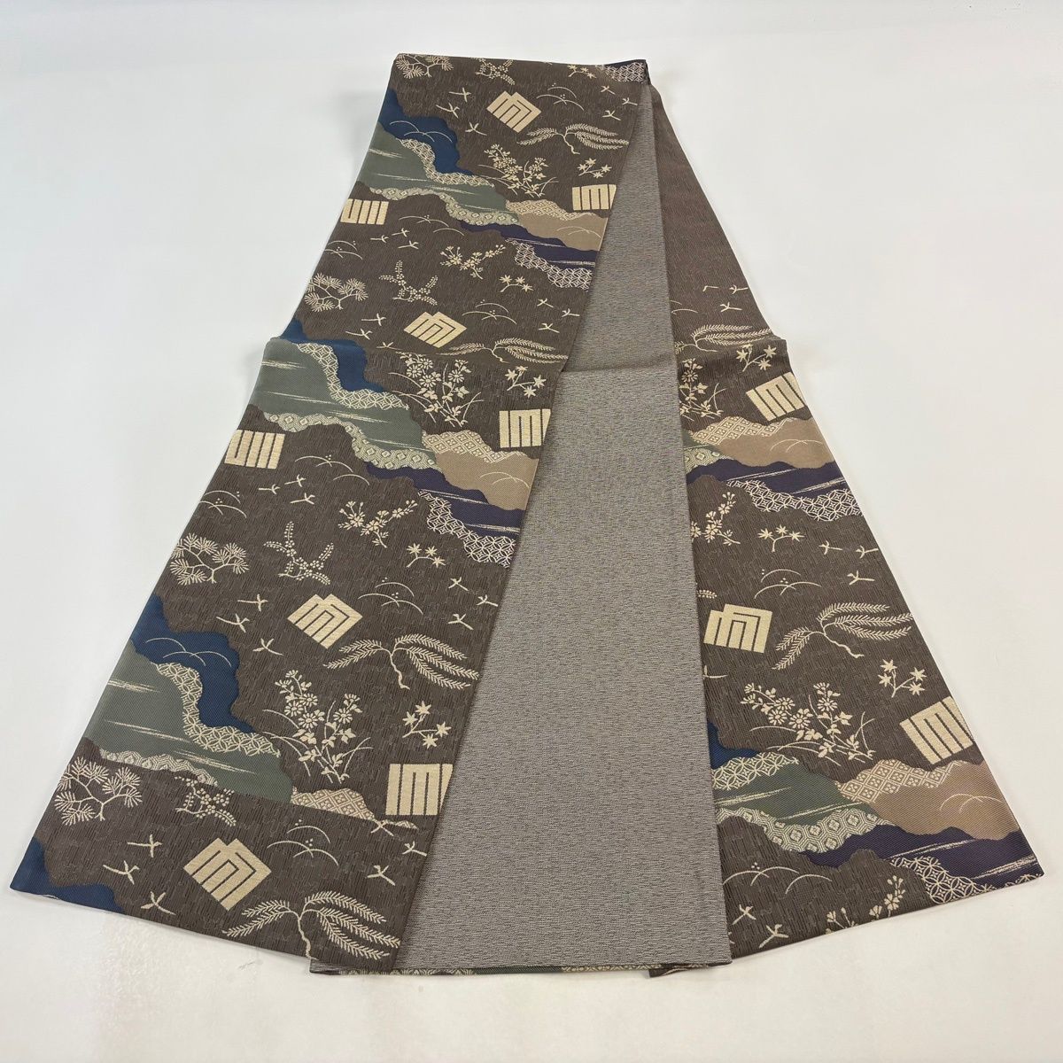 【美品】 袋帯 名品 源氏香 有職文様 金糸 灰茶 六通 正絹 【中古】