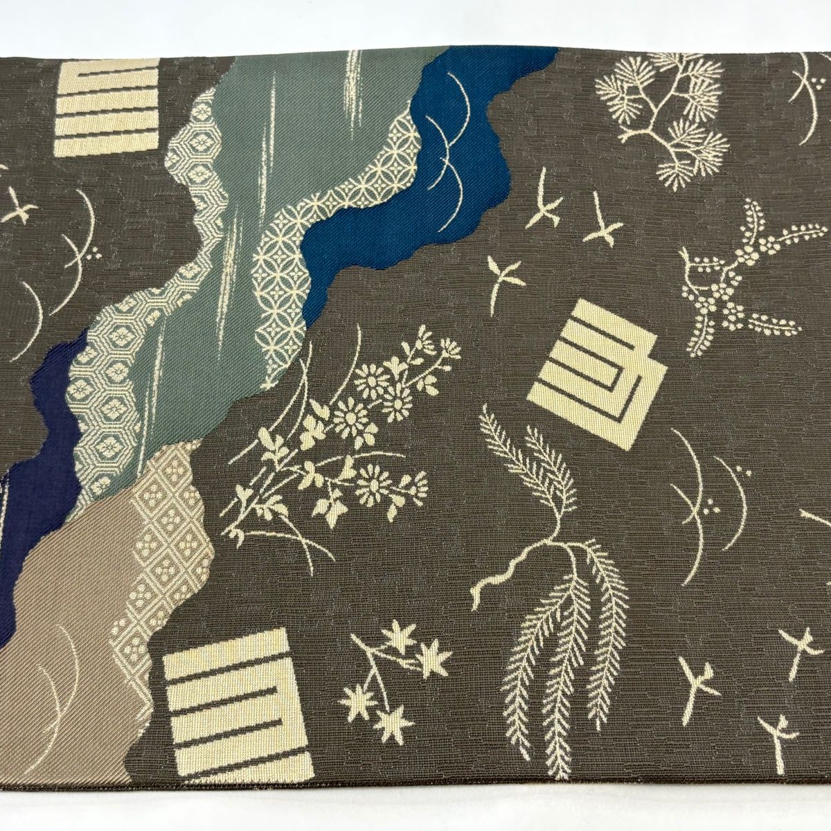 【美品】 袋帯 名品 源氏香 有職文様 金糸 灰茶 六通 正絹 【中古】