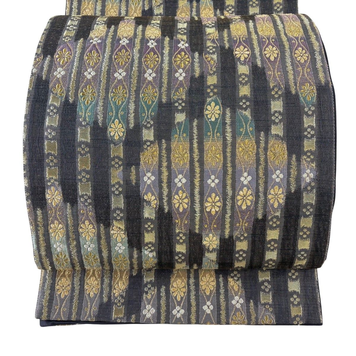 【美品】 袋帯 名品 立涌 菊 金糸 黒 六通 正絹 【中古】