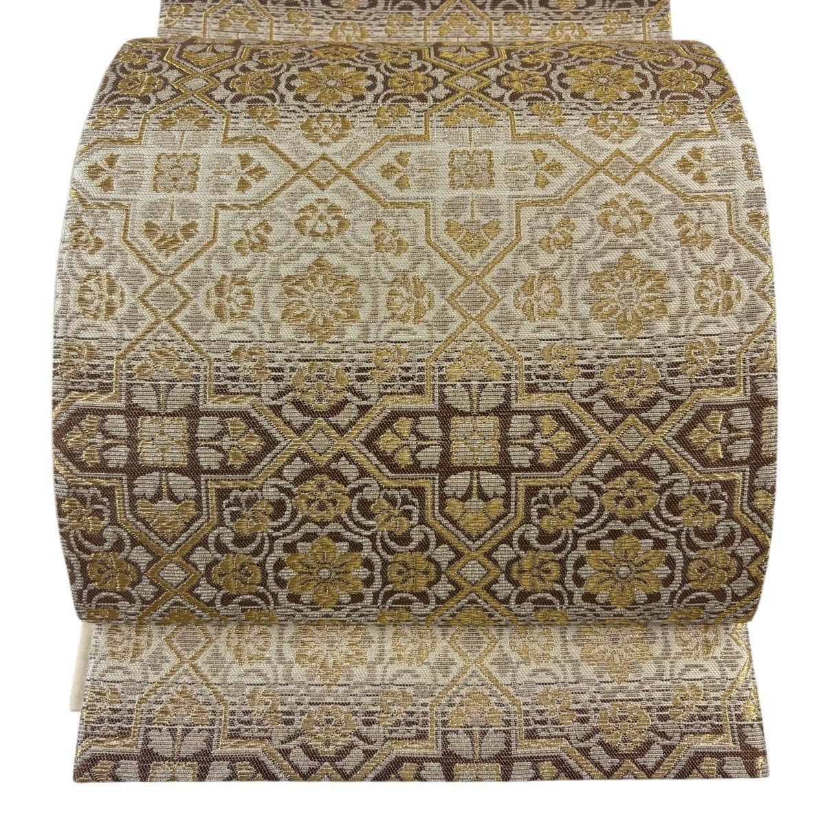 【美品】 袋帯 名品 華文 段縞 金糸 茶色 六通 正絹 【中古】