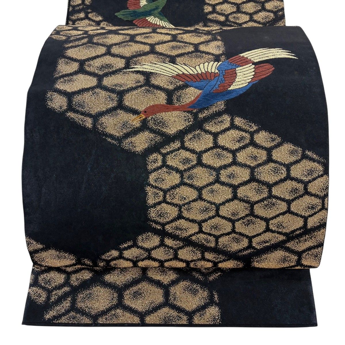 袋帯 名品 関西仕立て 鳥 亀甲 箔 黒 六通 正絹 【中古】