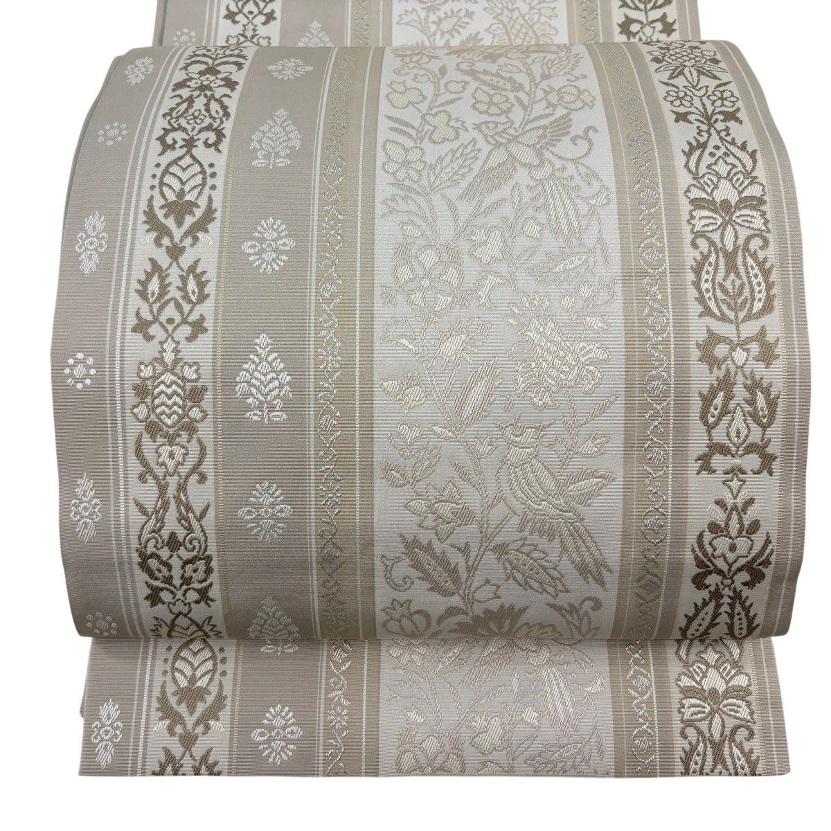【美品】 袋帯 名品 草花 鳥 銀糸 灰茶 全通 正絹 【中古】