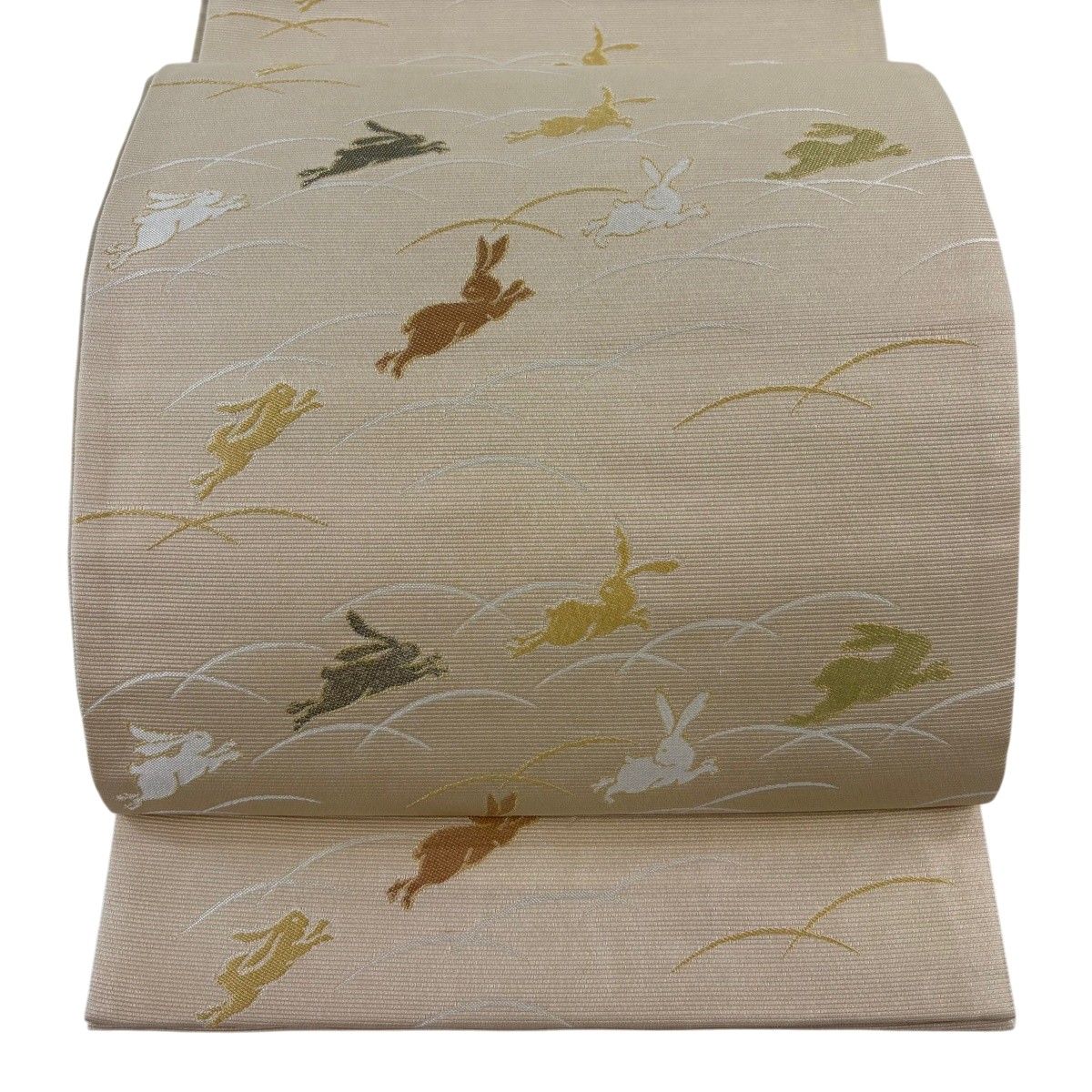 【美品】 袋帯 名品 証紙 うさぎ 芝 金糸 ベージュ 六通 正絹 【中古】