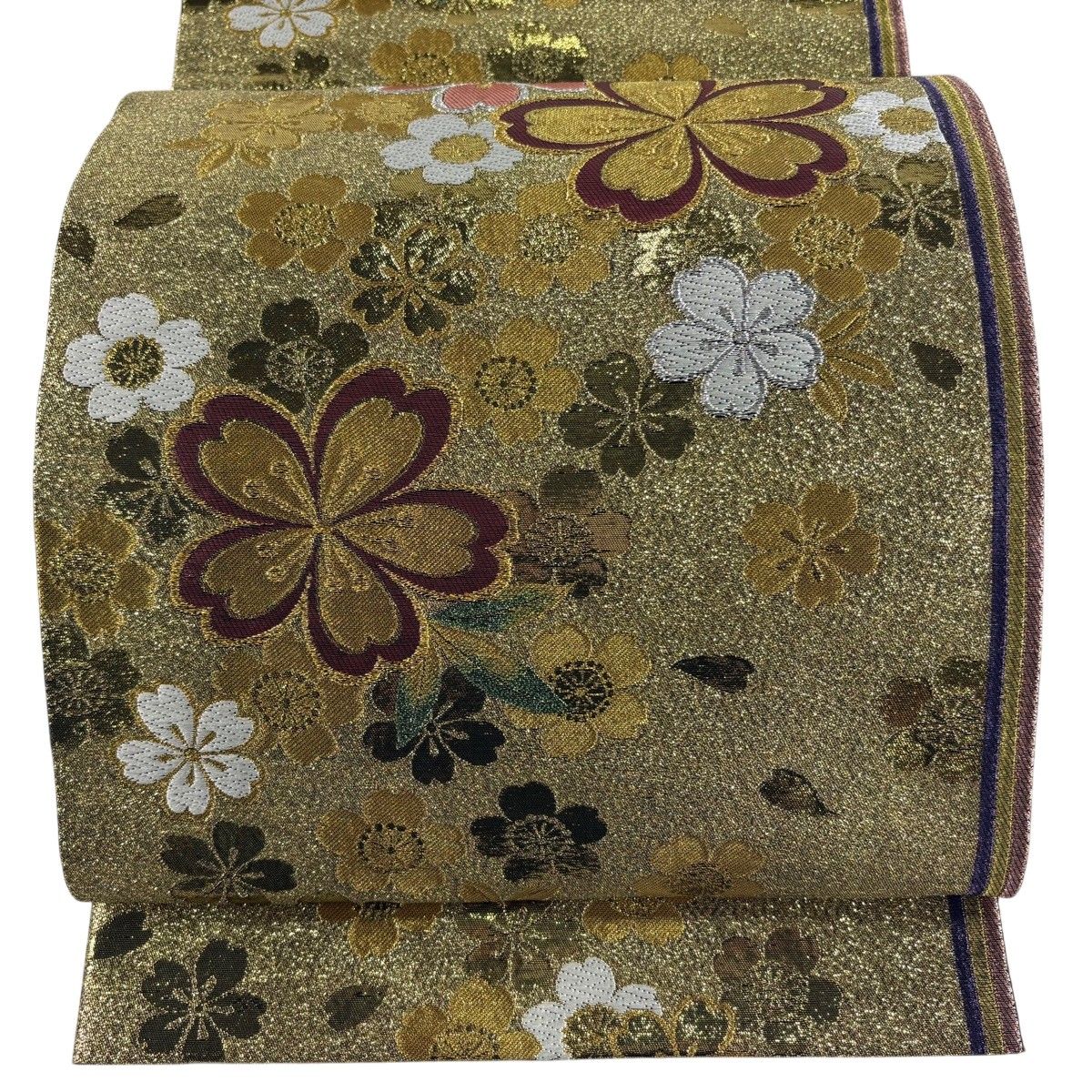 【美品】 袋帯 秀品 桜 花びら 箔 金色 六通 正絹 【中古】