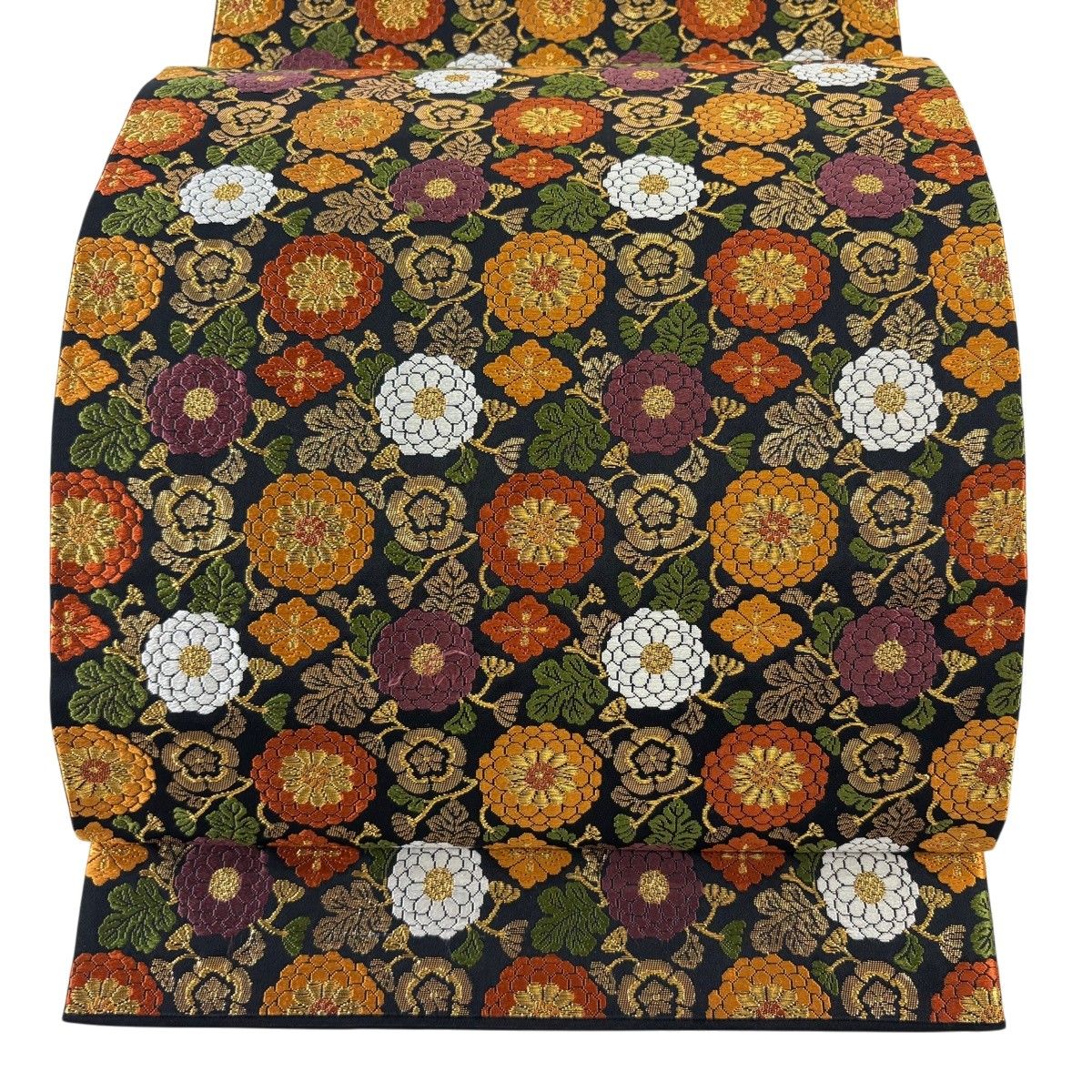【美品】 袋帯 秀品 菊 花 箔 金糸 黒 六通 正絹 【中古】