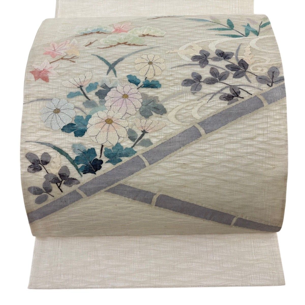 袋帯 秀品 夏帯 菊 流水 金糸 クリーム お太鼓柄 正絹 【中古】 9,086円