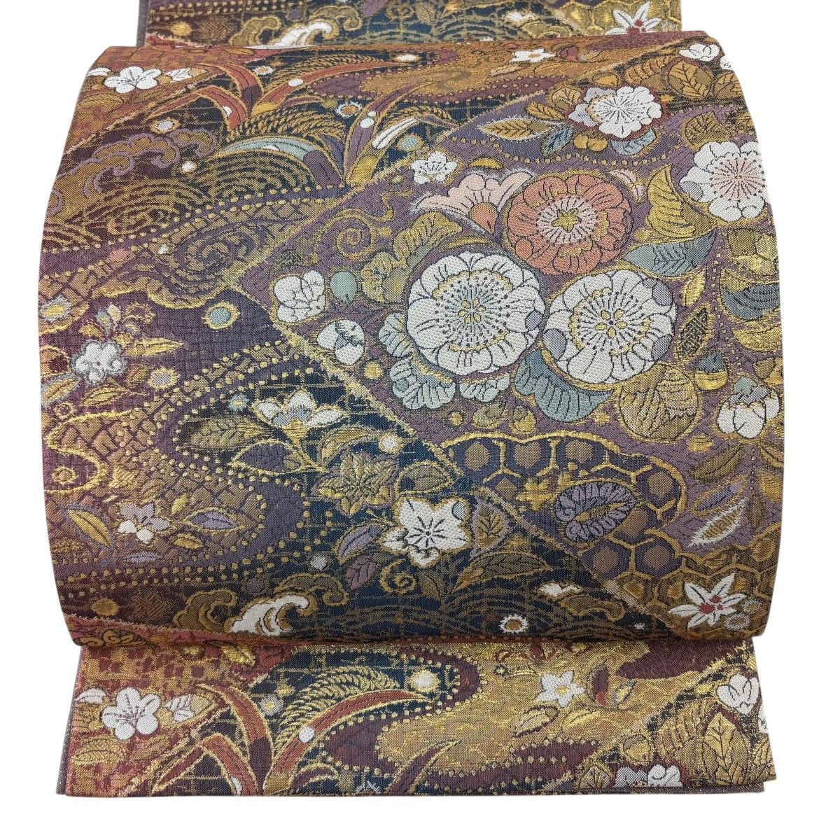【美品】 袋帯 秀品 やまと 辻が花柄 草花 箔 灰紫 六通 正絹 【中古】