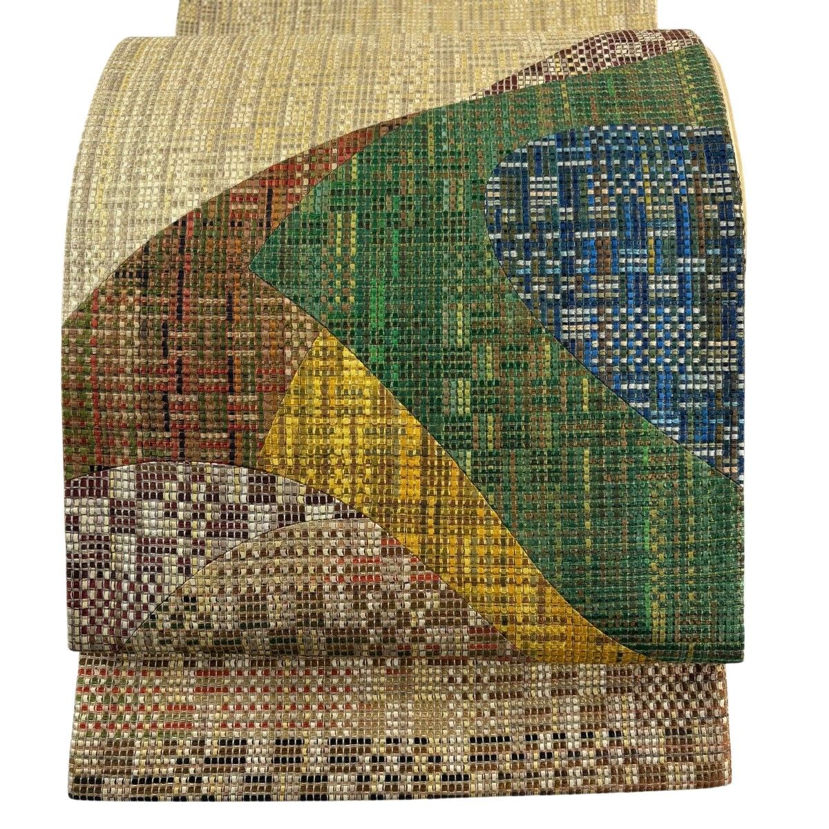 【美品】 袋帯 秀品 幾何学模様 切嵌め 薄茶色 お太鼓柄 正絹 【中古】 6,776円