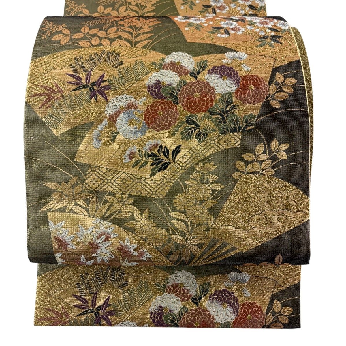 【美品】 袋帯 秀品 扇面 草花 金糸 箔 灰緑 六通 正絹 【中古】 6,688円