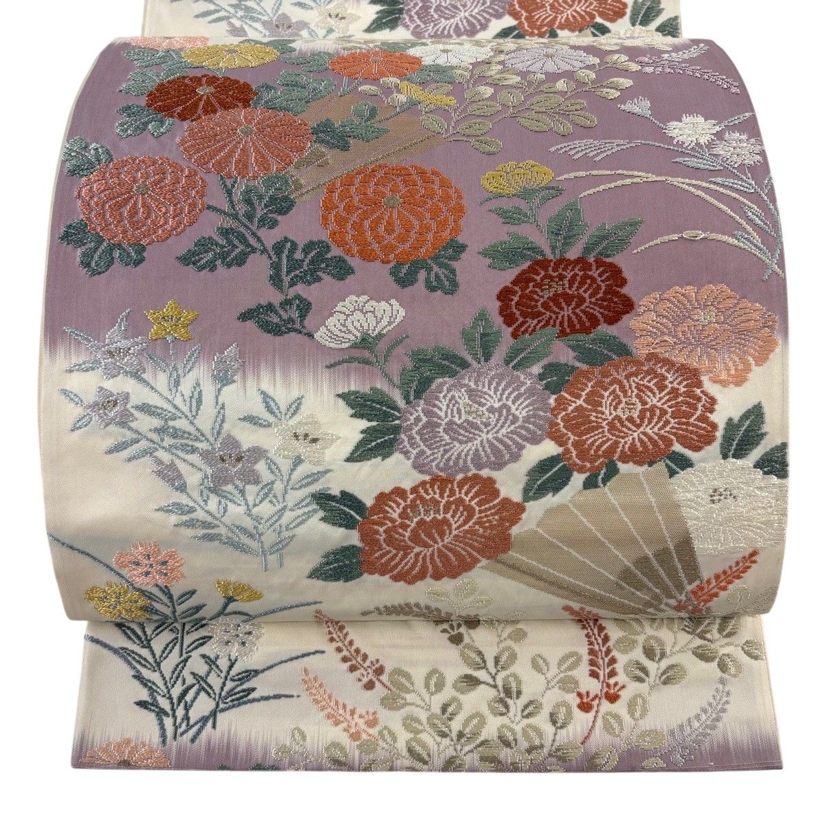 【美品】 袋帯 秀品 関西仕立て 秋草 扇 箔 紫 六通 正絹 【中古】 6,336円