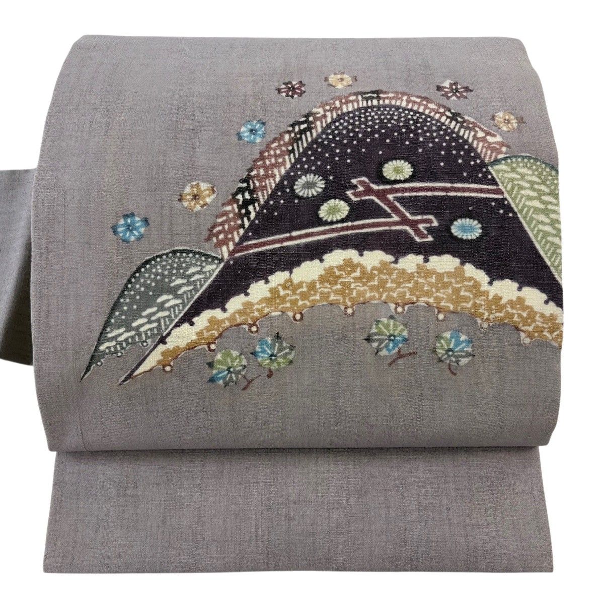 名古屋帯 秀品 紬 山並み 花 灰紫 正絹 【中古】 6,512円