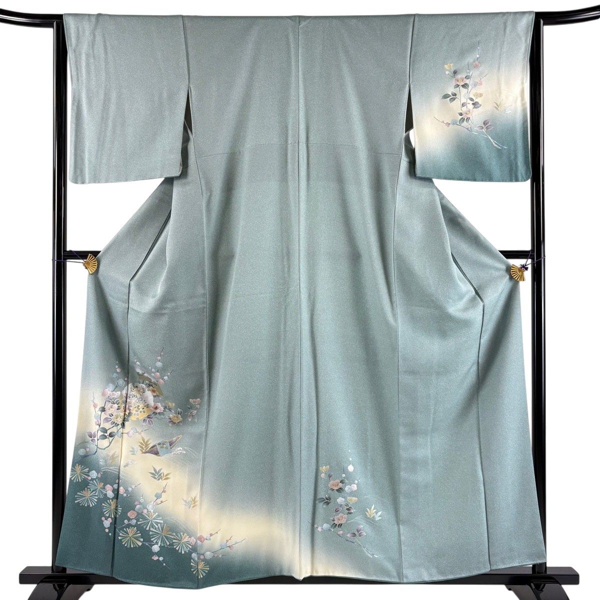 【美品】 付下げ 身丈159cm 裄丈64.5cm M 袷 椿 雪輪 螺鈿 金銀彩 青緑 正絹 秀品 【中古】
