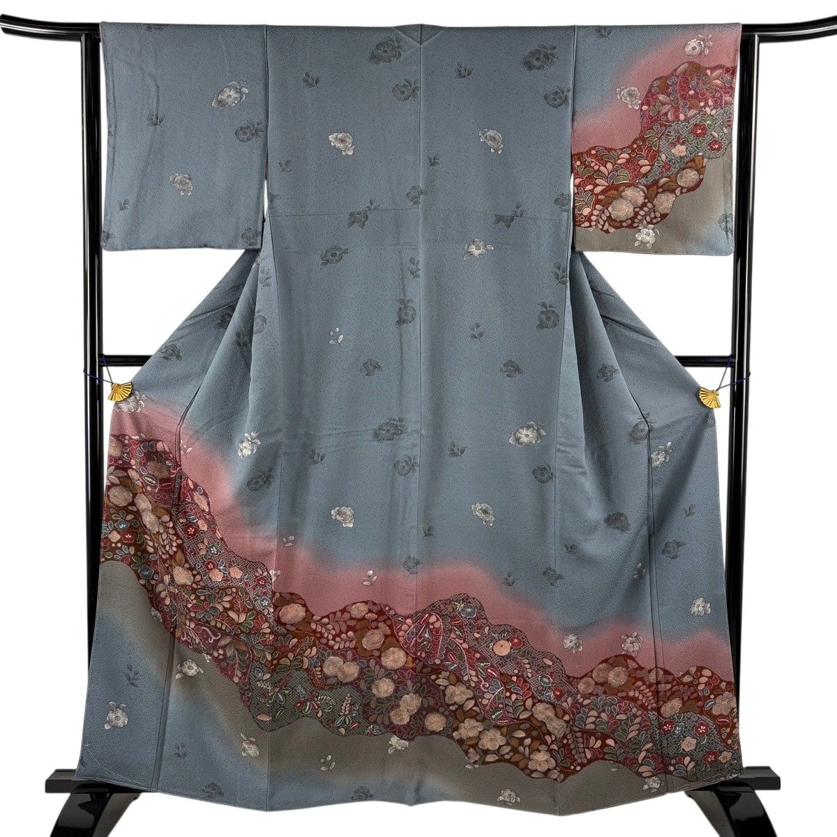 訪問着 身丈161cm 裄丈62.5cm S 袷 道長取 草花 ぼかし 青灰色 正絹 秀品 【中古】