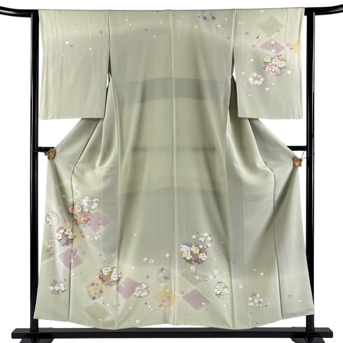 訪問着 身丈154cm 裄丈62cm S 袷 花丸文 菱 金糸 金彩 薄緑 正絹 秀品 【中古】