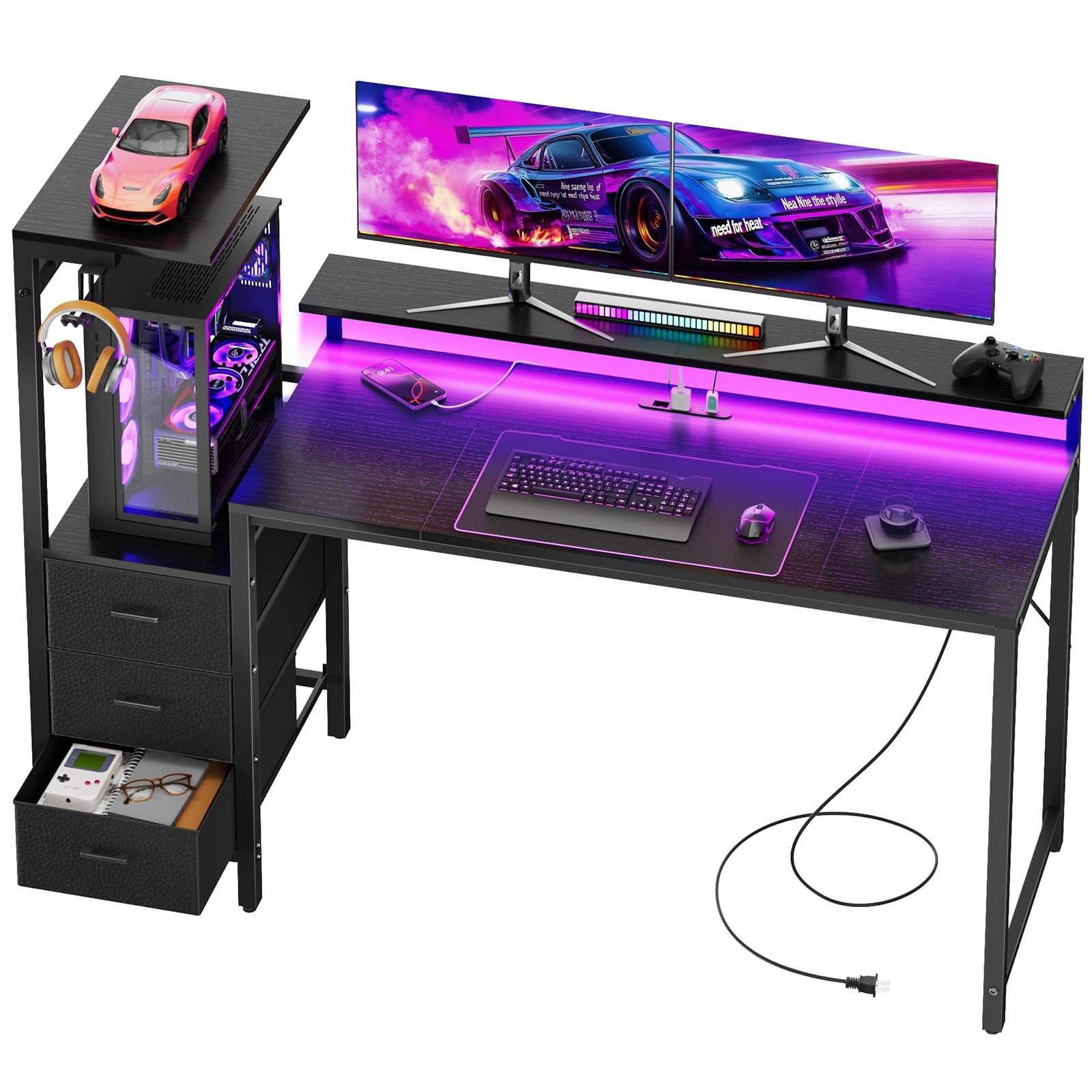 HLDIRECT ゲーミングデスク 電源コンセント付きパソコンデスク 幅152cm PCデスクモニタースタンド 引き出し3つと収納棚付き フック付き gaming desk 大容量収納 左右に調整可能 在宅勤務に最適 組み立て簡単(?)ｍａ