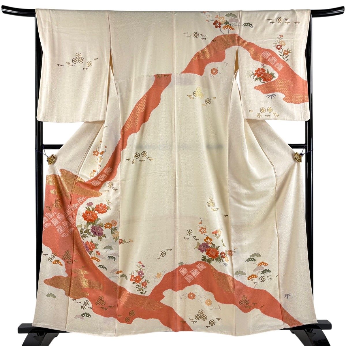 訪問着 身丈160cm 裄丈66.5cm M 袷 牡丹 松竹梅 金彩 絞り クリーム 正絹 秀品 【中古】 6,776円