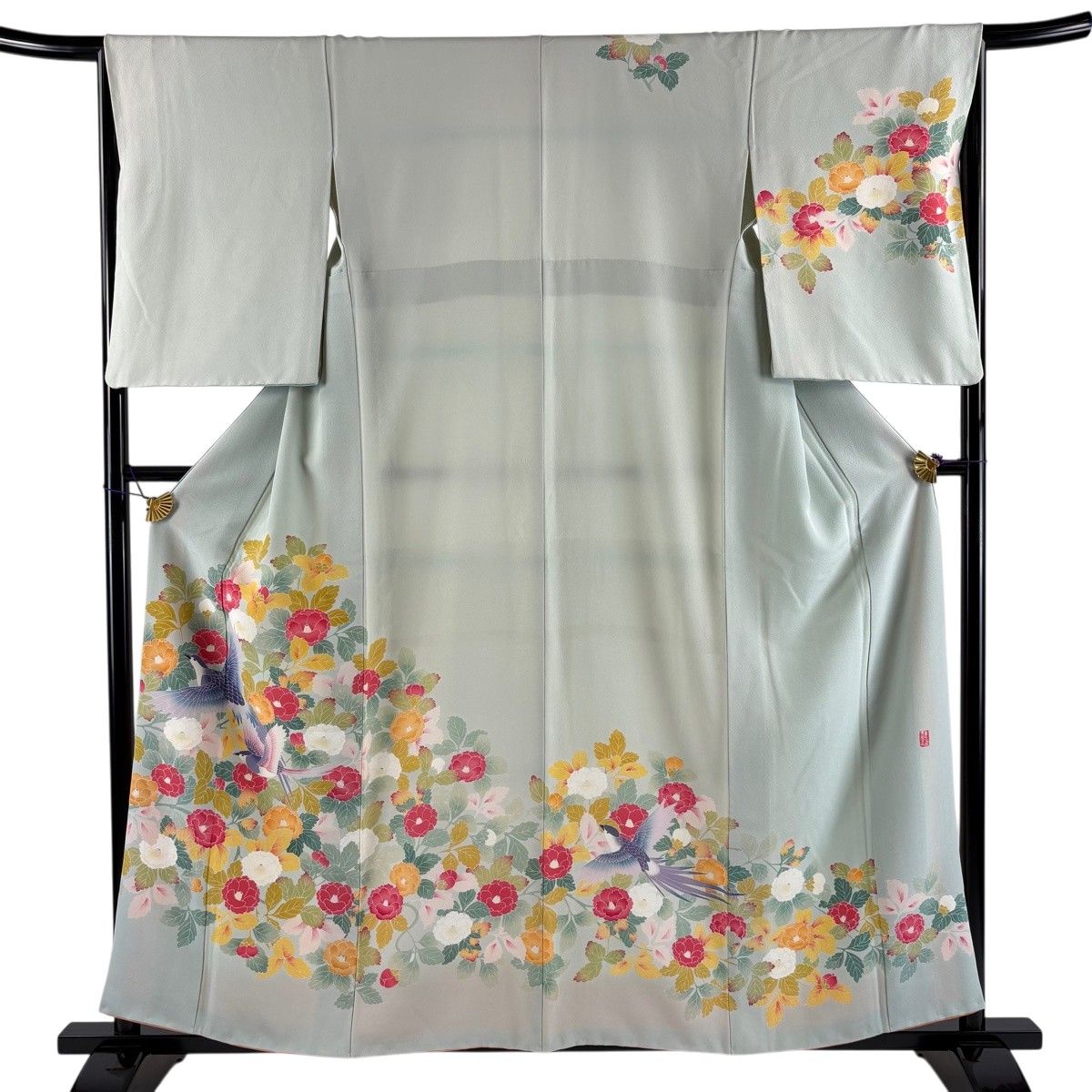 訪問着 身丈158.5cm 裄丈66cm M 袷 百貫達雄 落款 鳥 椿 薄緑 正絹 秀品 【中古】