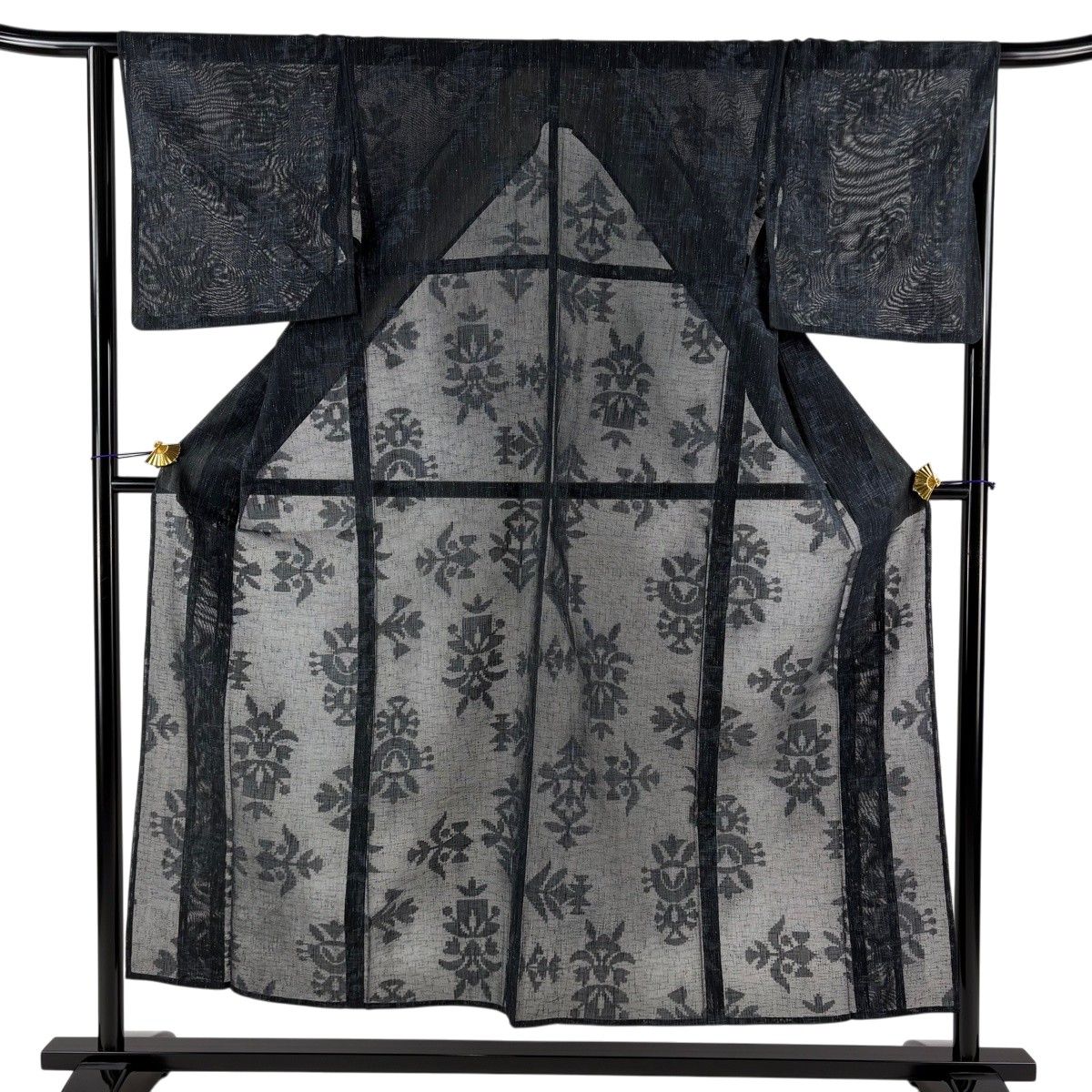 紬 身丈151cm 裄丈65cm M 薄物 夏紬地 草花 濃紺 正絹 秀品 【中古】