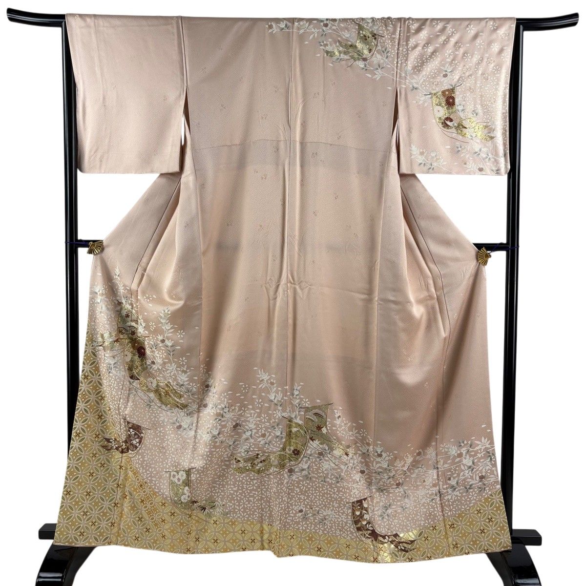 訪問着 身丈163cm 裄丈66cm M 袷 几帳 草花 金糸 金彩 薄ピンク 正絹 秀品 【中古】