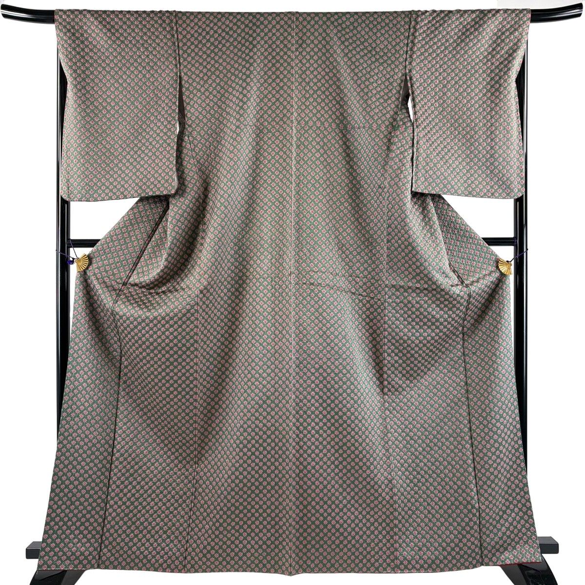 【美品】 小紋 身丈165.5cm 裄丈67.5cm L 袷 幾何学 総絞り 茶緑色 正絹 秀品 【中古】 6,336円