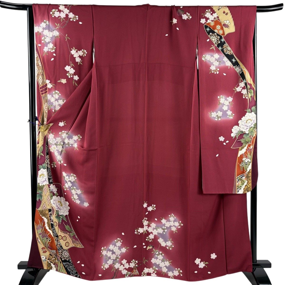 【美品】 振袖 身丈163.5cm 裄丈66cm M 袷 桜 牡丹 箔 金彩 えんじ色 正絹 秀品 【中古】