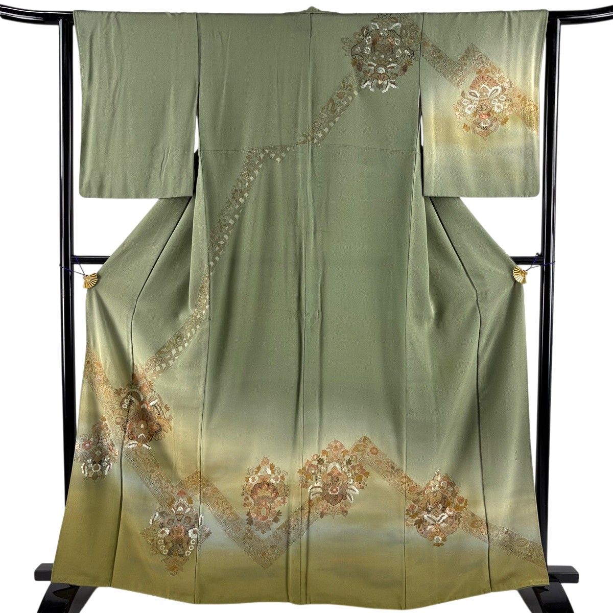 訪問着 身丈166cm 裄丈62.5cm S 袷 草花 翠山刺繍 金糸 灰緑 正絹 秀品 【中古】