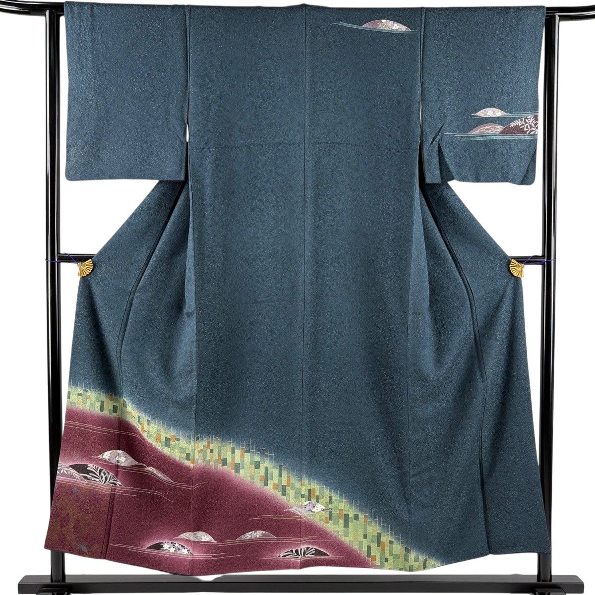 訪問着 身丈153cm 裄丈63cm S 袷 草花 枝葉 金通し 金彩 深緑 正絹 秀品 【中古】