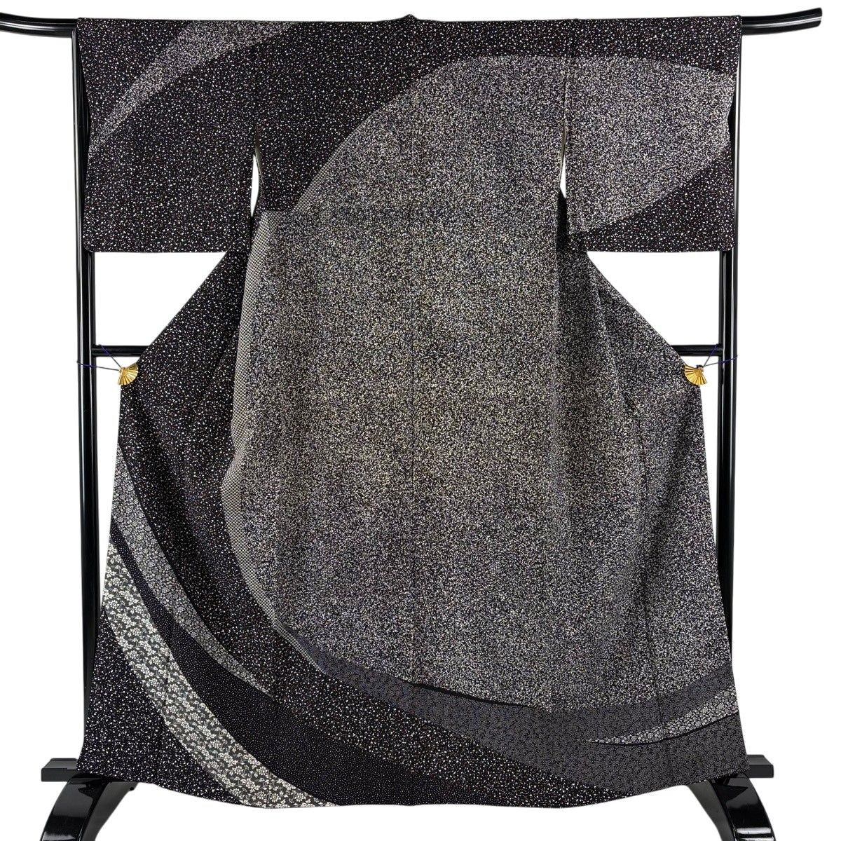 訪問着 身丈162.5cm 裄丈66cm M 袷 花唐草 幾何学模様 黒 正絹 秀品 【中古】