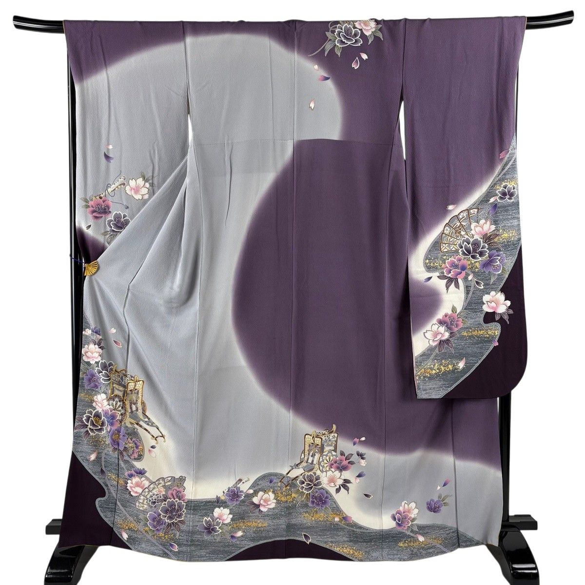 振袖 身丈166cm 裄丈68.5cm L 袷 御所車 桧扇 金糸 金彩 灰紫 正絹 秀品 【中古】 6,512円