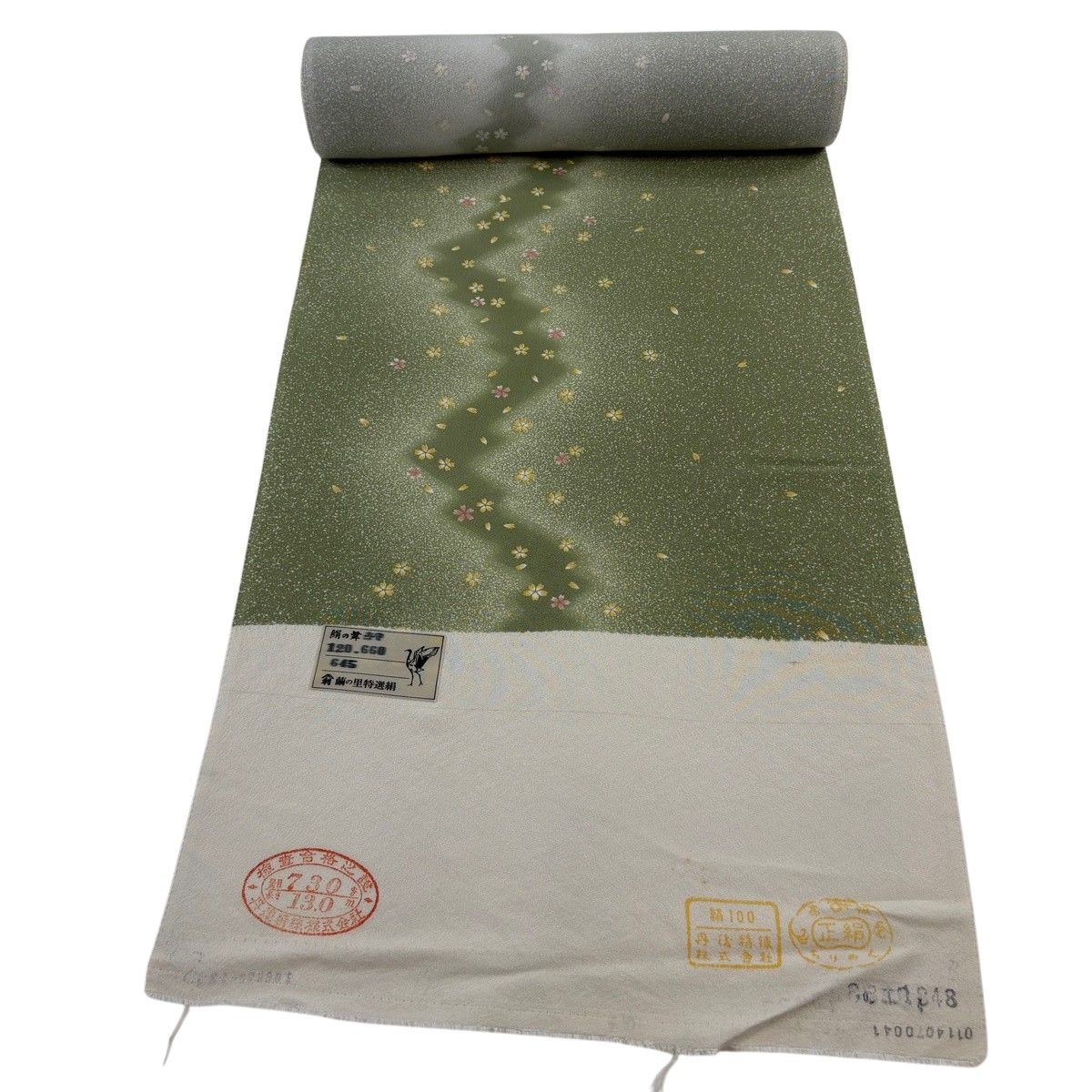 反物 名品 小紋 桜 花びら ぼかし よもぎ色 正絹 【中古】