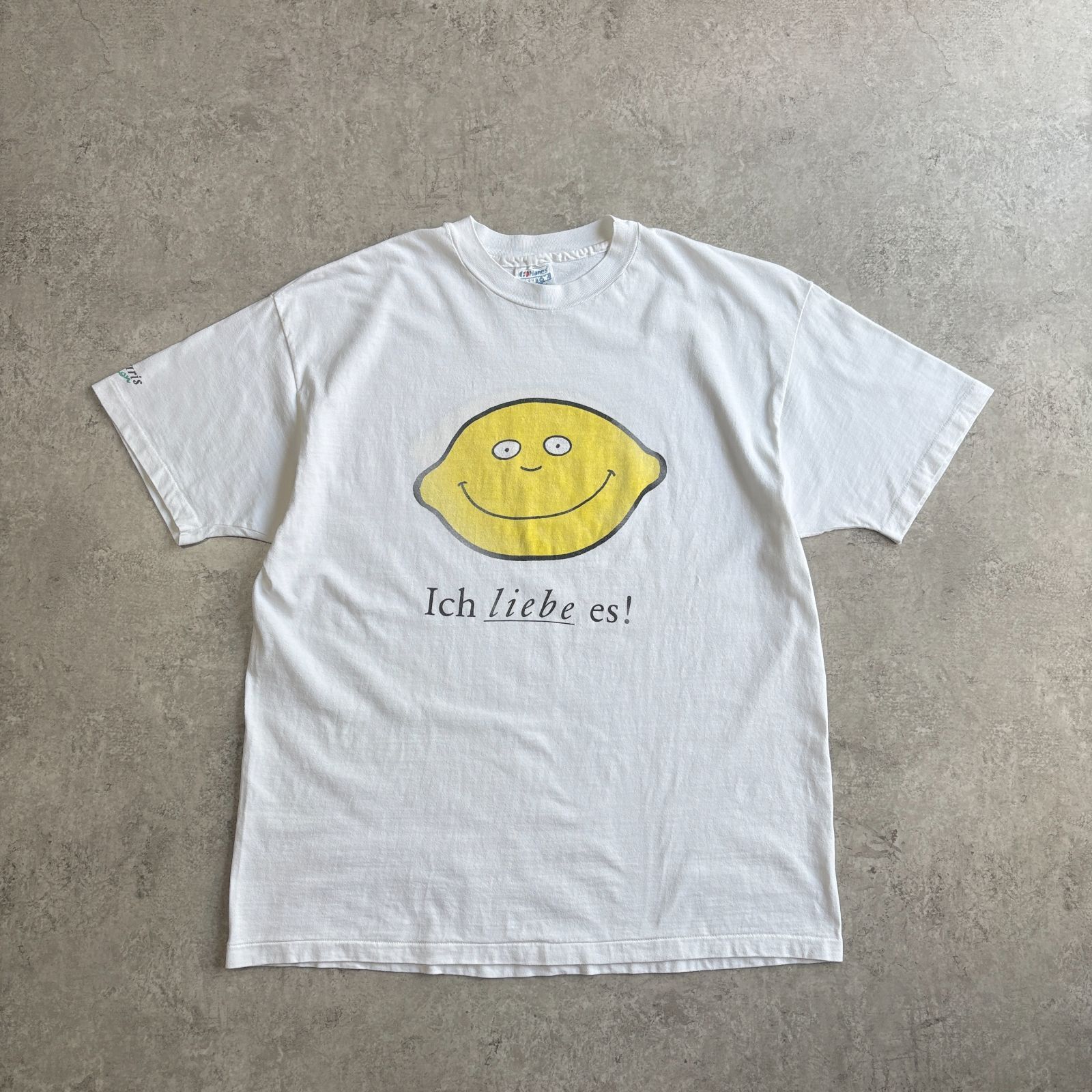 90s USA製 Apollinaris Lemon ” Ich liebe es! ” Double-sided Printed T-shirt アポリナリス レモン ” 大好きです！ ” 企業 カンパニー レモンフェイス 両面プリント Tシャツ TEE