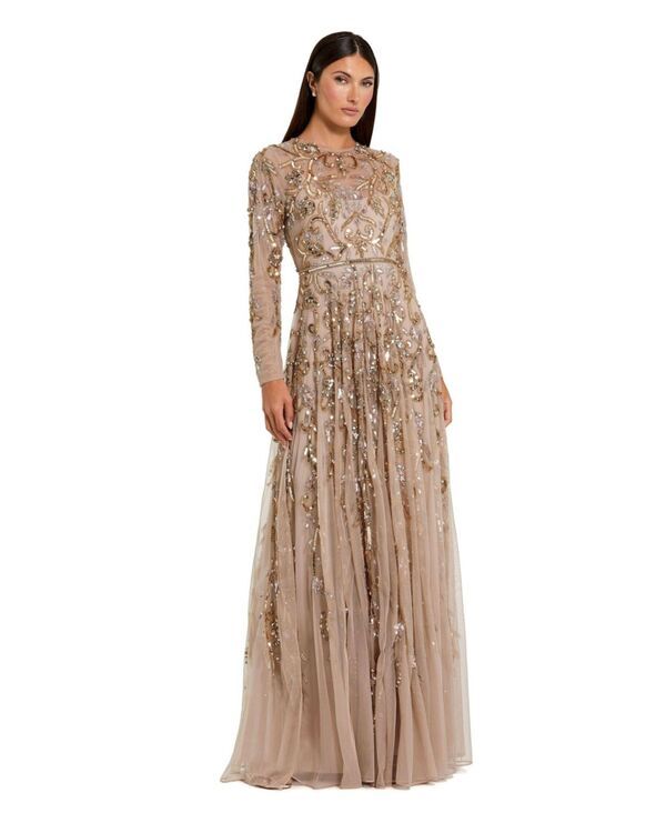マックダガル レディース トップス ワンピース Mac Duggal Womens Long Sleeve HandEmbellished Illusion Neckline Evening Gown
