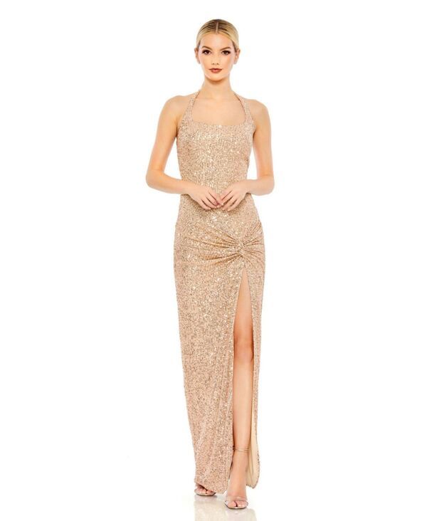 マックダガル レディース トップス ワンピース スパンコール ホルター Mac Duggal Womens Sequined Halter Strap Low Side Knot Gown Rose