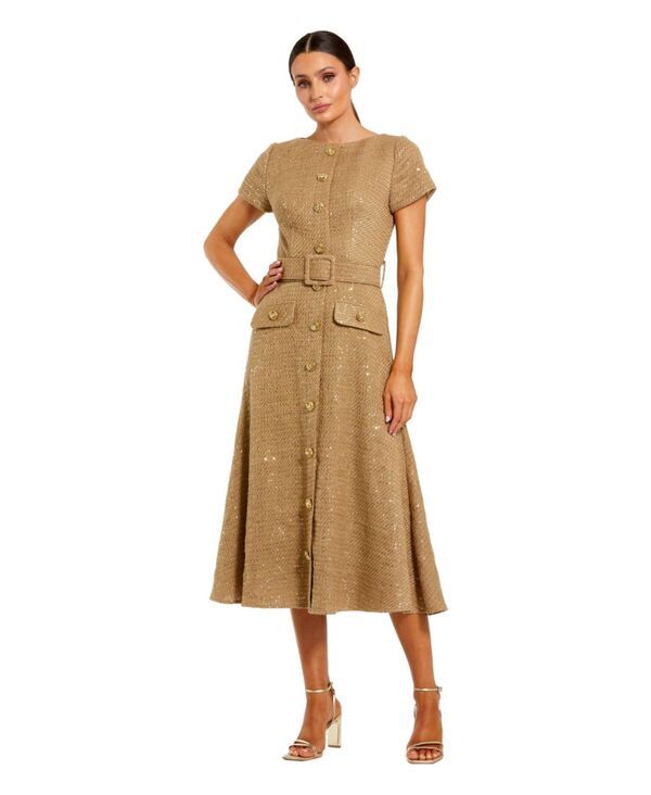 マックダガル レディース トップス ワンピース ハイネック ミディワンピース ミディ キャップ Mac Duggal Womens Boucle Cap Sleeve High Neck Button