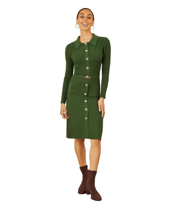 ユミキム レディース トップス ワンピース リブニット ミディワンピース ミディ ニット Yumi Womens Belted Rib Knit Midi Dress With Pockets Gre
