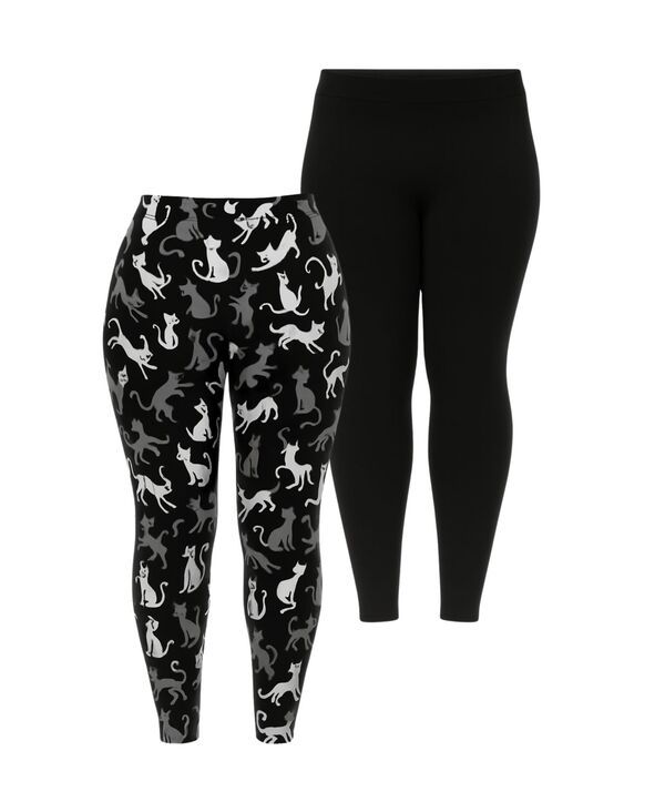 ホワイトマーク レディース ボトムス カジュアルパンツ プラスサイズ プリント パンツ White Mark Plus Size Cat Print Legging Pants 2Pack Black