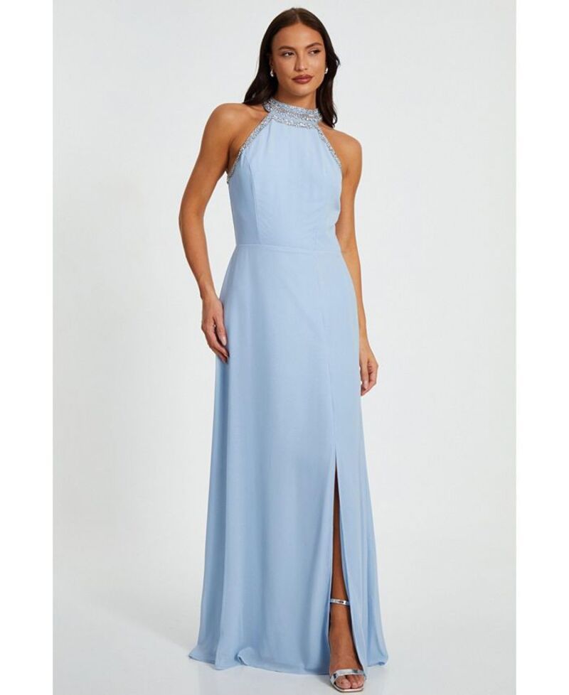 クイズ レディース トップス ワンピース シフォン マキシワンピース マキシ ホルター QUIZ Womens Embellished Halter Neck Chiffon Maxi Dress L