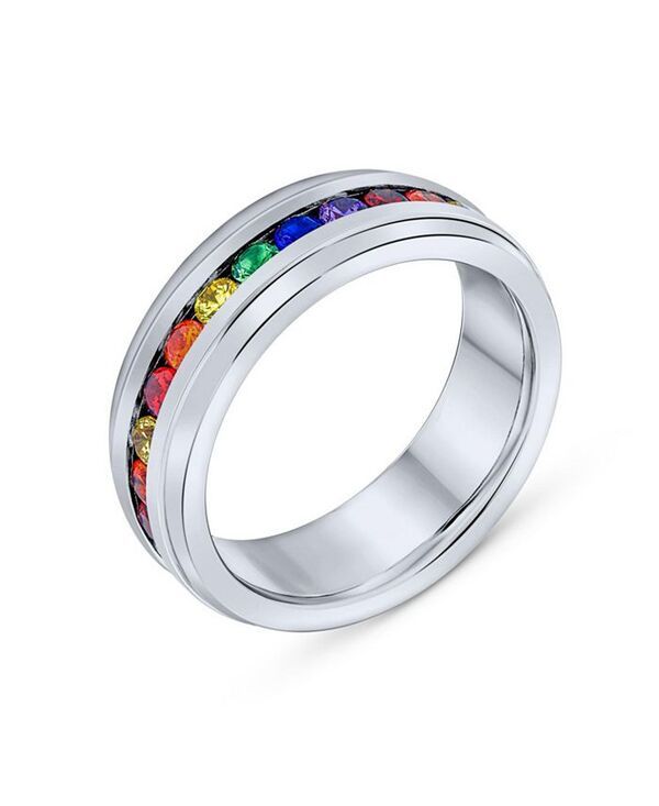 ブリング メンズ アクセサリー リング Tシャツ Bling Jewelry Mens Stainless Steel Rainbow CZ Eternity Ring LGBTQ Band Comf